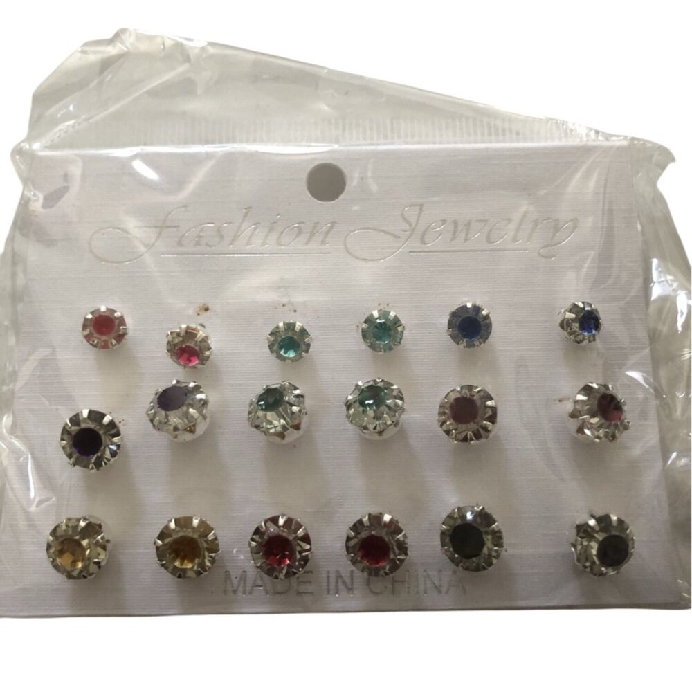 9 Pairs Of Crystal Stud Earrings Assorted Colors Multicolor Round Design‎